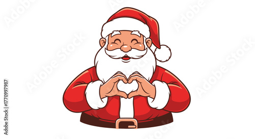 Santa Claus forms a heart shape with his hands, showing love and holiday spirit.