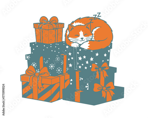 A fluffy cat sleeps soundly on a stack of festive gift boxes.