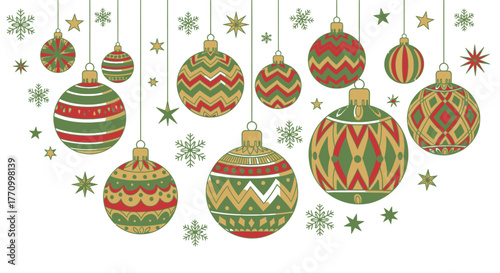 Decorative Christmas ornaments and snowflakes hang on a white background.