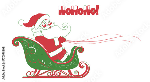 Santa Claus rides in his sleigh with a HO HO HO!