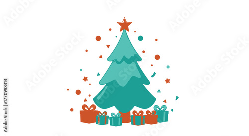 A decorated Christmas tree stands surrounded by wrapped presents and festive confetti.