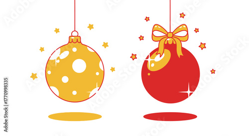 Two festive Christmas ornaments hang from strings with sparkling stars around them.