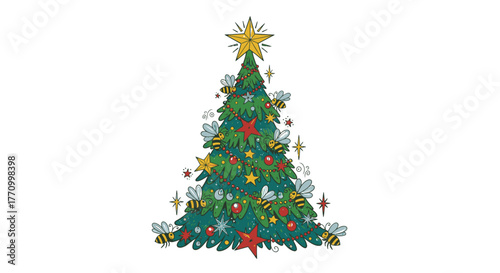 A decorated Christmas tree adorned with ornaments and bees