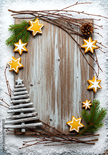 Festive Christmas Star Cookies Decorated on Rustic Wooden Board with Pine Branches and Snow