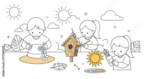 Three Children Decorating a Birdhouse and Crafting. Coloring version