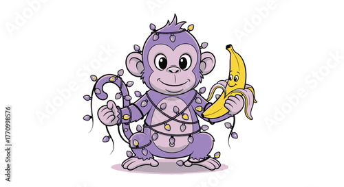A cartoon monkey is wrapped in colorful string lights and holding a banana.