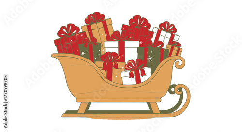 A wooden sleigh is overflowing with many colorful Christmas presents.