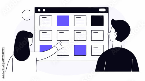 An animated scene showing a digital bulletin board filled with resources with individuals pointing and discussing various ways to contribute to community welfare.