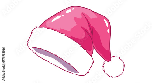 A festive pink Santa hat with a white fluffy trim and pompom is displayed.