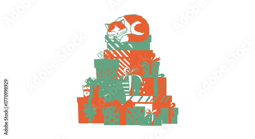 A cat sleeps soundly on a tall stack of colorful gift boxes.