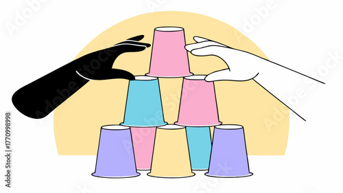 A closeup of hands of various skin tones working together to arrange multicolored paper cups into a pyramid symbolizing building ideas collaboratively during a workshop.