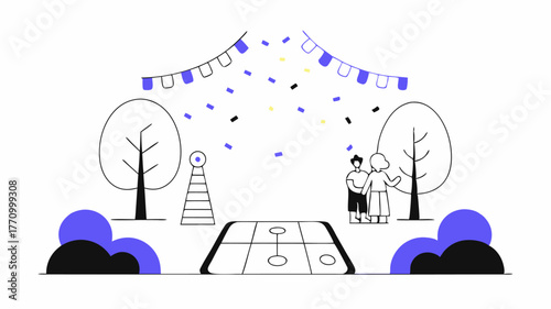 An artistic depiction of a local park where community members are engaging in games and activities with vibrant confetti falling from above symbolizing shared joy in a recent