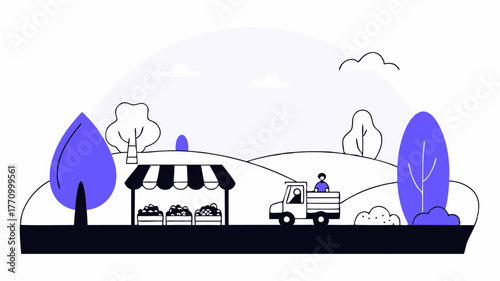 A small farm setting with farmers harvesting organic vegetables and setting up a roadside stand representing sustainable practices and communitysupported agriculture.