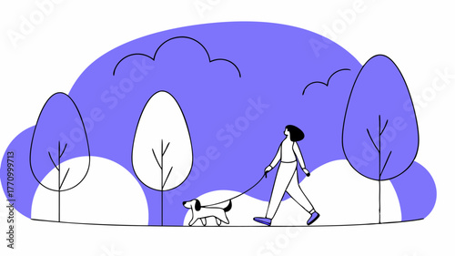 An illustrated scene of a pet owner walking a dog in a park with a focus on positive interaction demonstrating the significance of daily exercise and bonding.