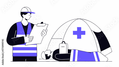 An illustration of an emergency response scene with a first responder assessing a patients condition using a clipboard to jot down vital information.