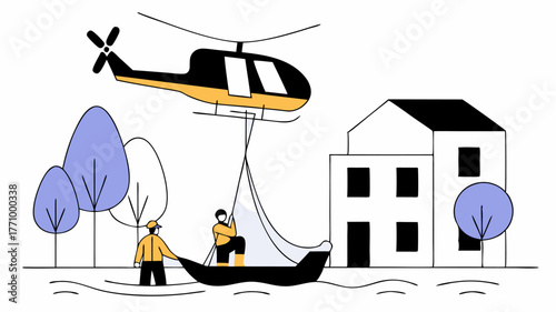 An illustrated scene of a rescue operation with a helicopter airlifting people from a flooded area demonstrating swift response to lifethreatening situations.