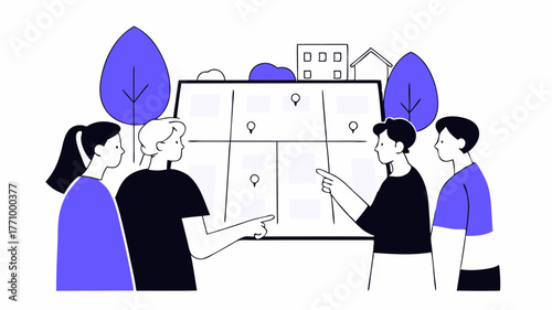 A diverse team of volunteers showcasing a large map of the community pointing out various landmarks and event locations to a group of locals.