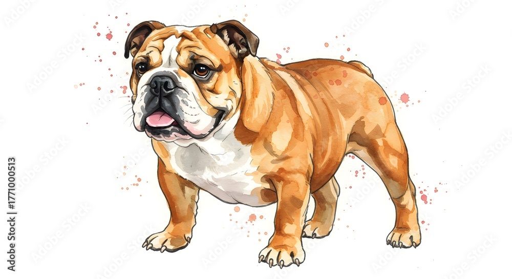 Obraz premium Charming watercolor bulldog portrait with playful splatters, perfect for pet lover designs and unique artwork, evoking warmth and personality.