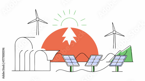An animated space with various renewable energy sources including wind solar and hydroelectric power sources visually linked by energy lines flowing towards a bright sustainable