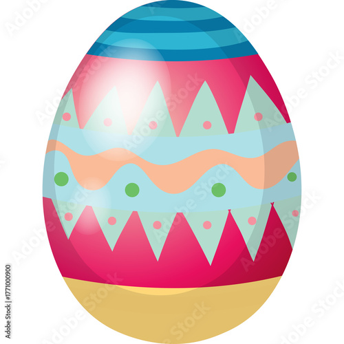 A brightly decorated Easter egg with pink blue orange and green patterns on a yellow base isolated on a transparent background