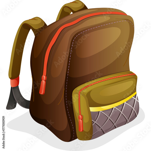 A Brown Canvas Backpack with Red Zippers and Pockets for School or Travel Isolated on White Background
