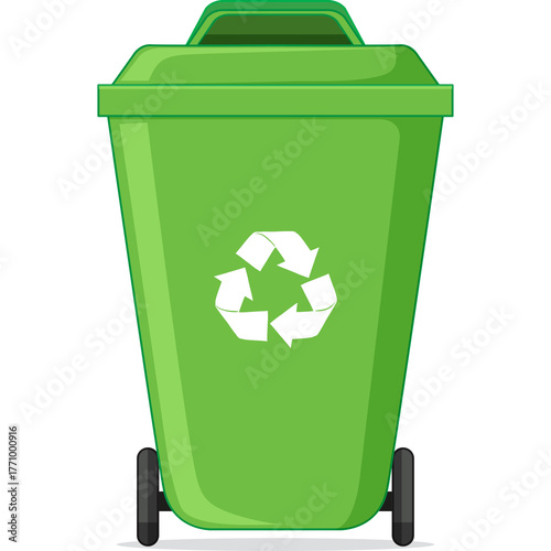 A bright green recycling bin with white recycle symbol on the front sits on a white background with a transparent background effect