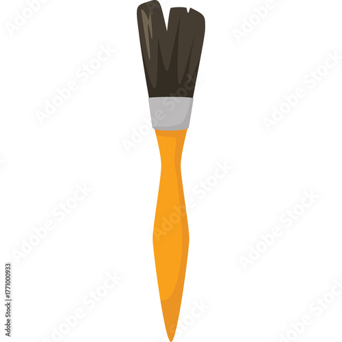 A bright orange handled paintbrush with dark brown bristles and a silver ferrule on a plain white background suitable for graphic design and illustration