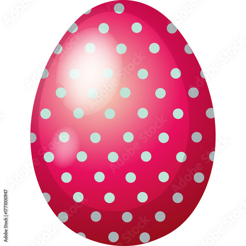 A Bright Pink Easter Egg Decorated with Small Light Blue Polka Dots with a Glossy Reflective Surface and Isolated on a Transparent Background