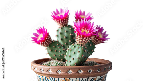 Closeup of a potted prickly pear cactus with bright pink blooms isolated on white isolated on transparent background