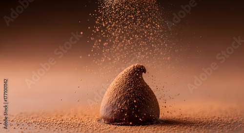 Chocolate truffle surrounded by cocoa powder on warm background  