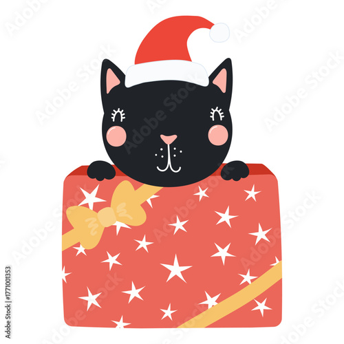 Cat hiding in a gift box isolated on transparent. Hand drawn flat vector illustration. Cute cartoon character. Traditional Christmas, New Year design element, clip art