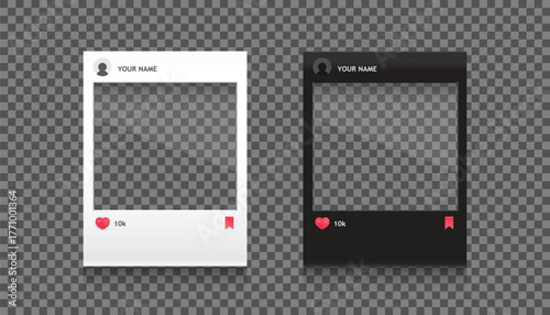 Social media photo frame templates – white and black design. Likes and bookmarking to favorites icons included. Vector illustration. 