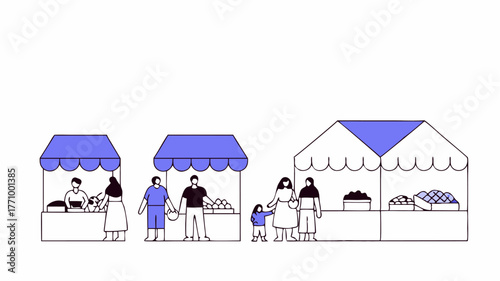 A neighborhood farmers market scene with local vendors selling organic produce families shopping and a backdrop of small businesses housed in ecofriendly buildings.
