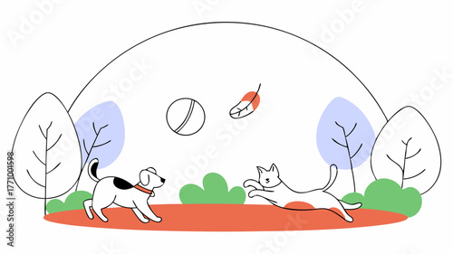 A diverse group of animals engaging in playdogs chasing a ball cats batting at featherssymbolizing the need for social interaction and exercise in their welfare.