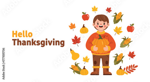 Adobe illustrator artwork vector illustration. Cute boy holding pumpkin with "Hello Thanksgiving" text, surrounded by autumn harvest and falling leaves