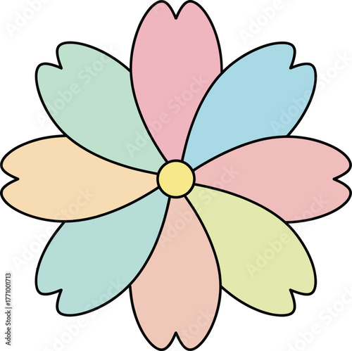 Eight Petal Flower with Pastel Colors and Black Outline on White petals soft colors
