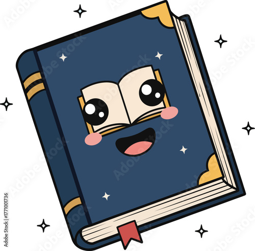 Happy cartoon book with open pages and sparkling stars on white background open book reading