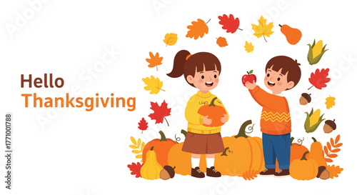 Adobe illustrator artwork vector illustration. Two happy kids with pumpkins and autumn harvest, celebrating "Hello Thanksgiving" amidst falling leaves