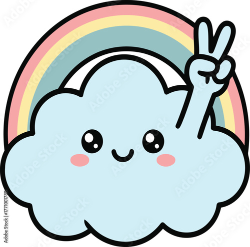 Happy cloud with rainbow and peace sign on white background weather