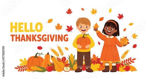 Adobe illustrator artwork vector illustration. Two happy kids with pumpkins and autumn harvest, celebrating "Hello Thanksgiving" amidst falling leaves