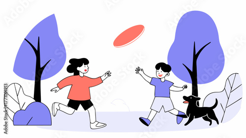 A colorful scene of kids enjoying a game of ultimate frisbee in a park with flying frisbees playful dogs and trees surrounding them.