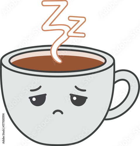 Sad sleepy coffee cup with steam and Zzz symbols on white background drink beverage
