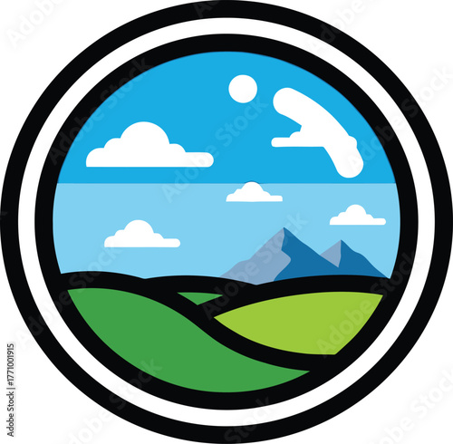 Stylized Circular Landscape with Rolling Hills and Mountains nature circle