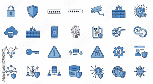 Collection of security and protection icons including padlock shield password firewall and antivirus elements