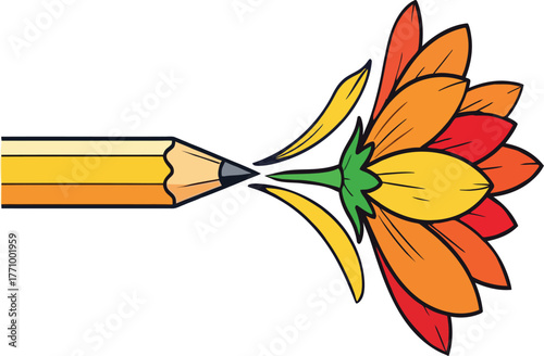 Yellow pencil drawing a colorful flower with petals on white background sketching creating