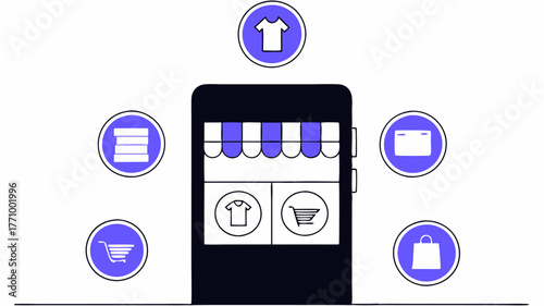 A smartphone displaying a marketplace app surrounded by virtual shopping carts and diverse product icons highlighting the growth of ecommerce in entrepreneurship.
