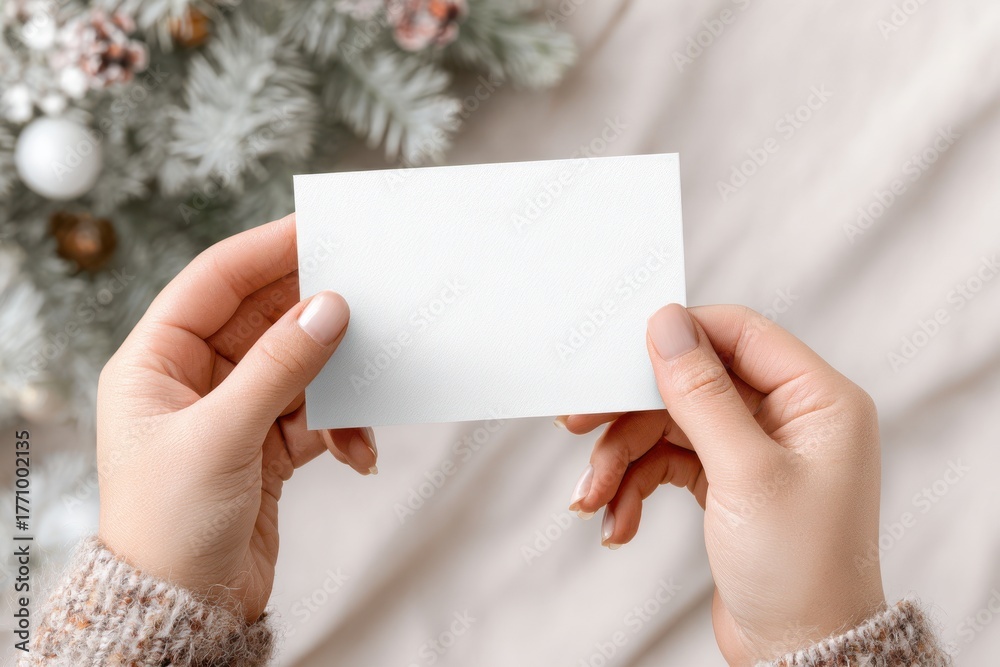 Obraz premium Elegant white blank greeting card mockup with soft natural light and festive Nordic atmosphere.
