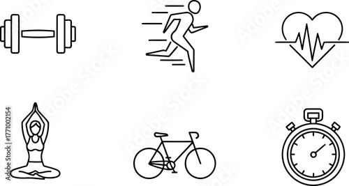 Fitness icons dumbbell running heart rate yoga bicycle stopwatch health
