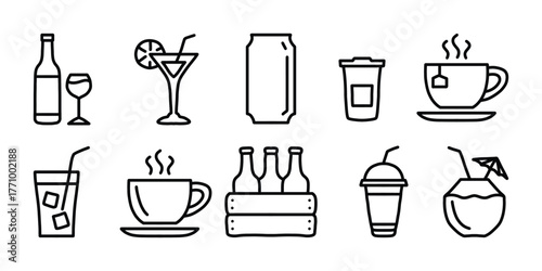 Drink Icons Vector Set. Coffee, Juice, and Cocktail Outline Design