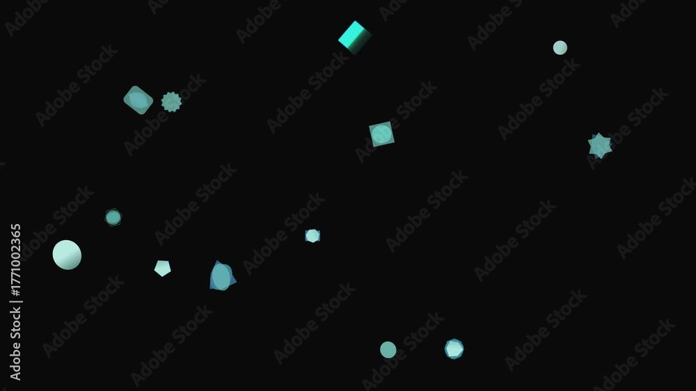 Abstract geometric shapes in various forms and sizes floating in a dark void, rendered in cool blue tones